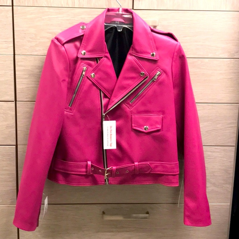 Pink faux leather moto jacket